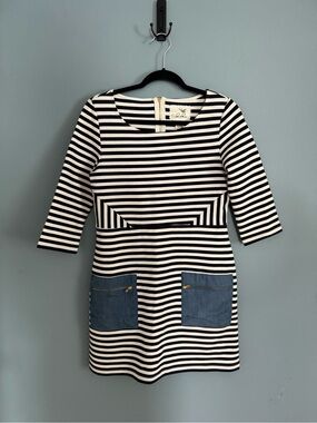 Tabitha Navy & White Striped Long-Sleeve Shift Dress with Denim Pockets